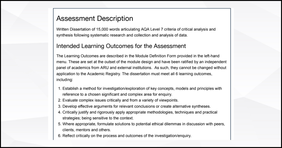 MSc Dissertation Module assignment criteria