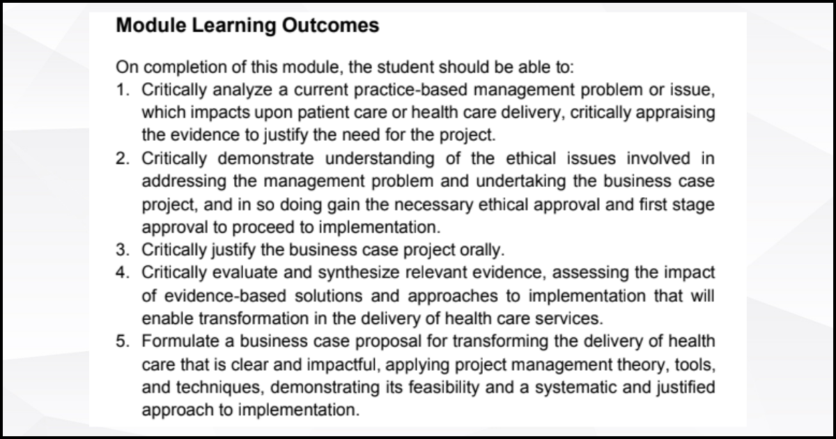 7136SOH: Transforming Healthcare Business Case Project Coursework Module Learning Outcomes