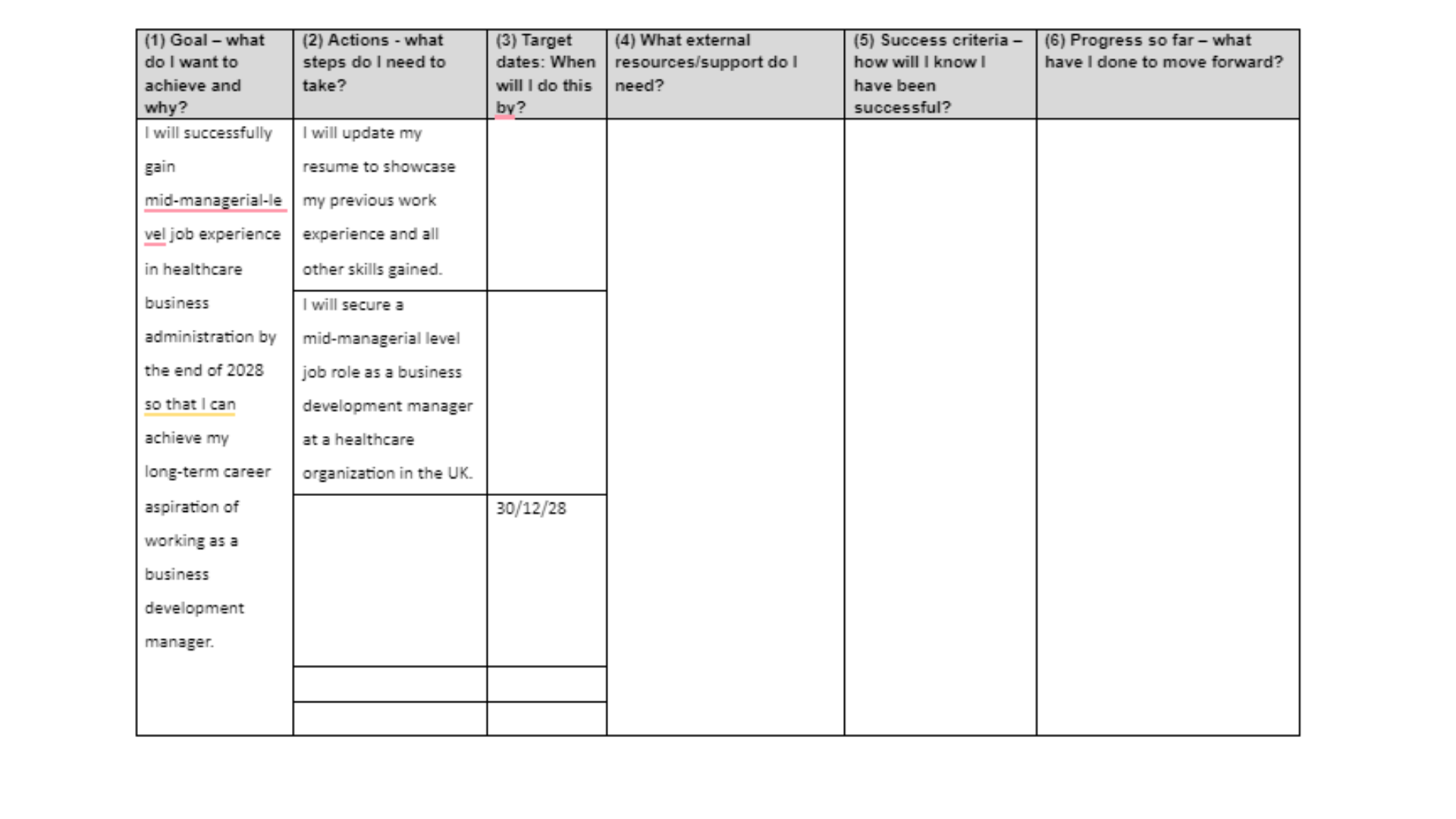 7BSM2005 Future Success Action Plan Table part 2