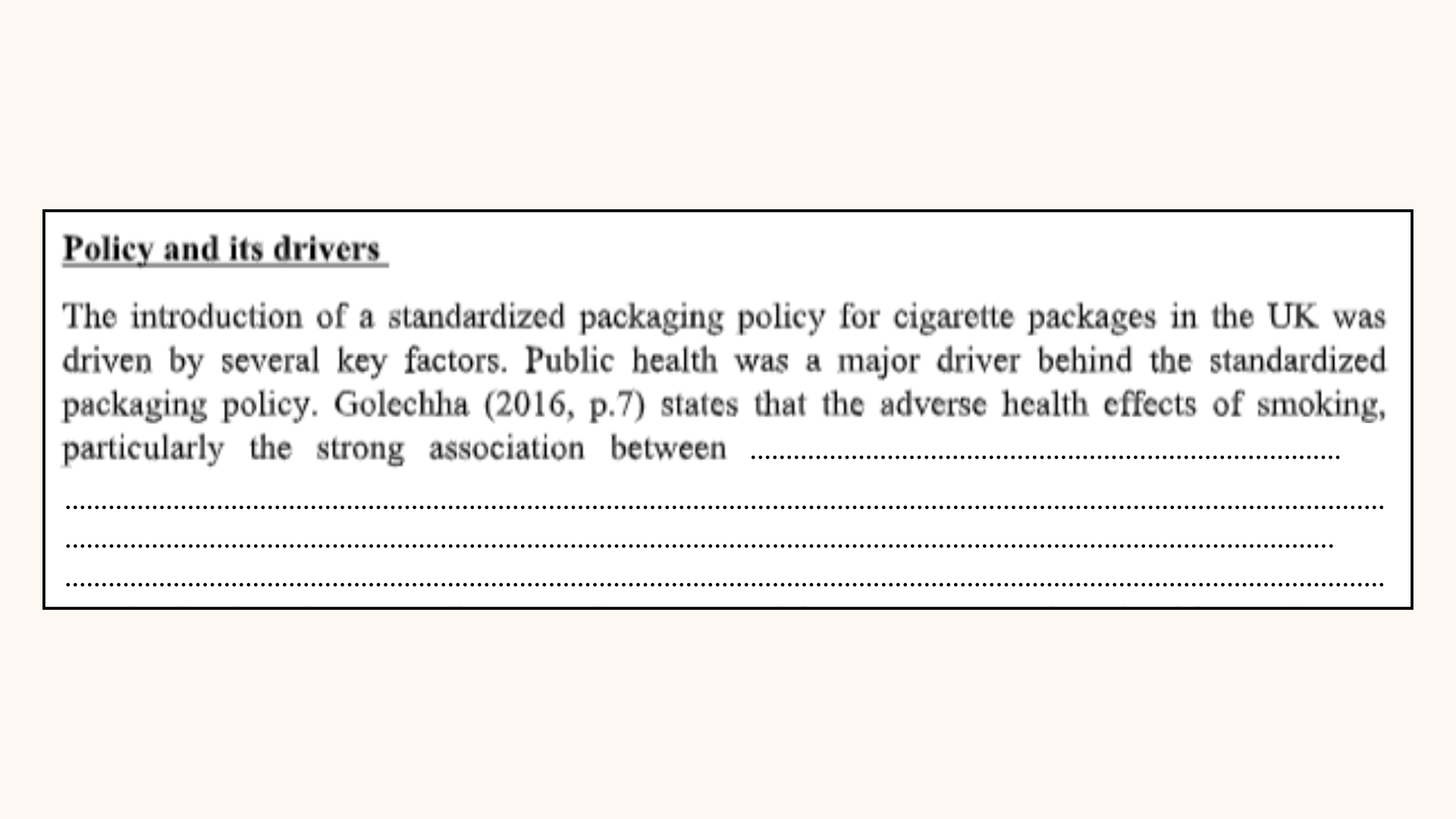 Policy and its drivers of the health policy assignment solution.