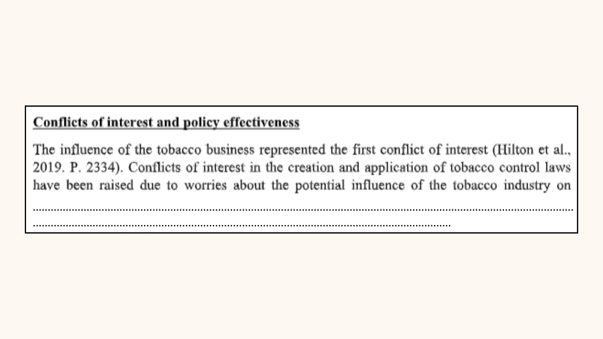 Conflicts of interests and policy effectiveness of the health policy assignment solution.