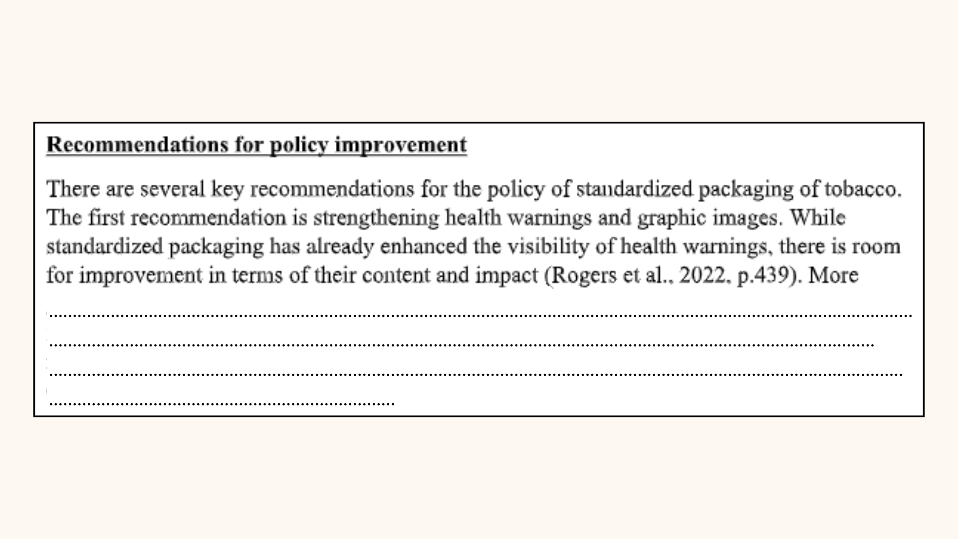 Recommendations and policy improvement of the health policy assignment solution.