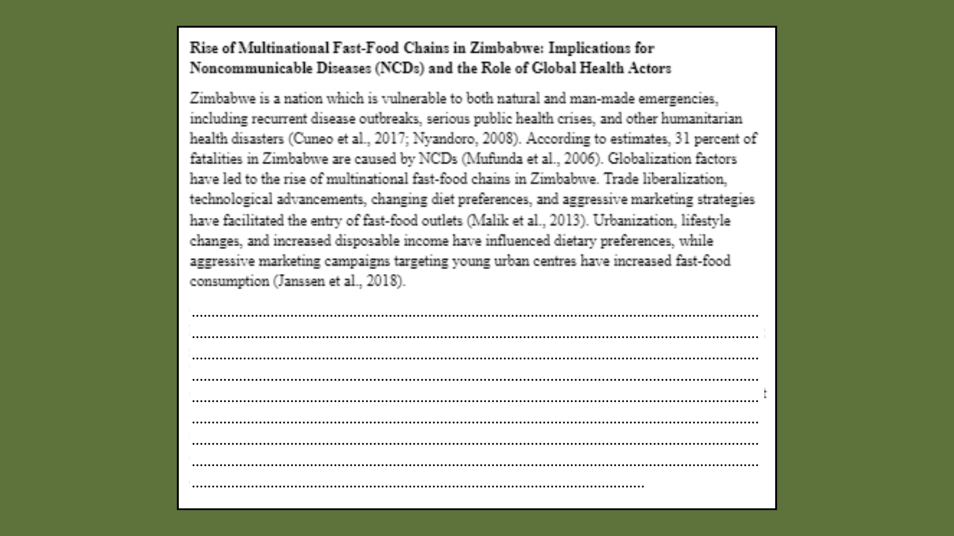 Rise of multinational fast-food chains in Zimbabwe: Implications for Noncommunicable Diseases (NCDs) and the role of Global Health actors