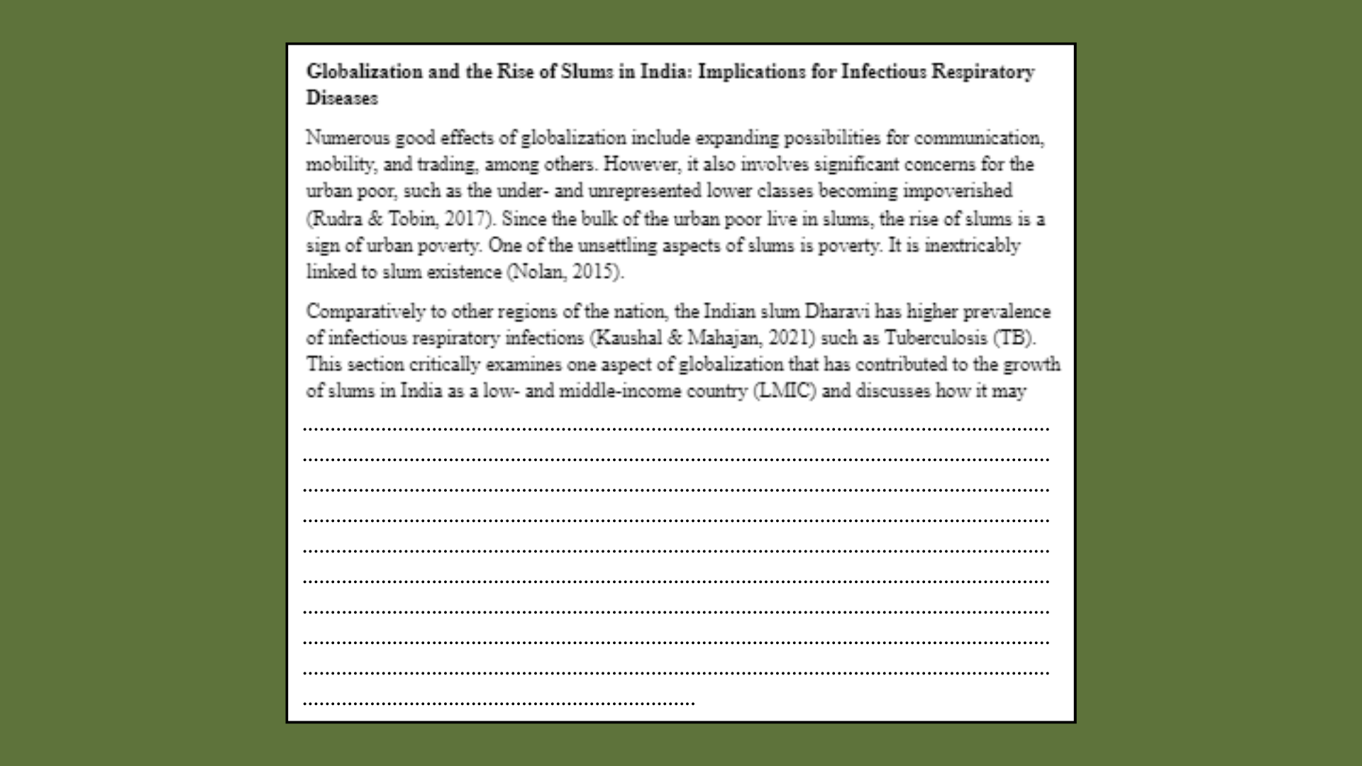 Globalization and the rise of slums in India: Implications for Infectious Respiratory Diseases