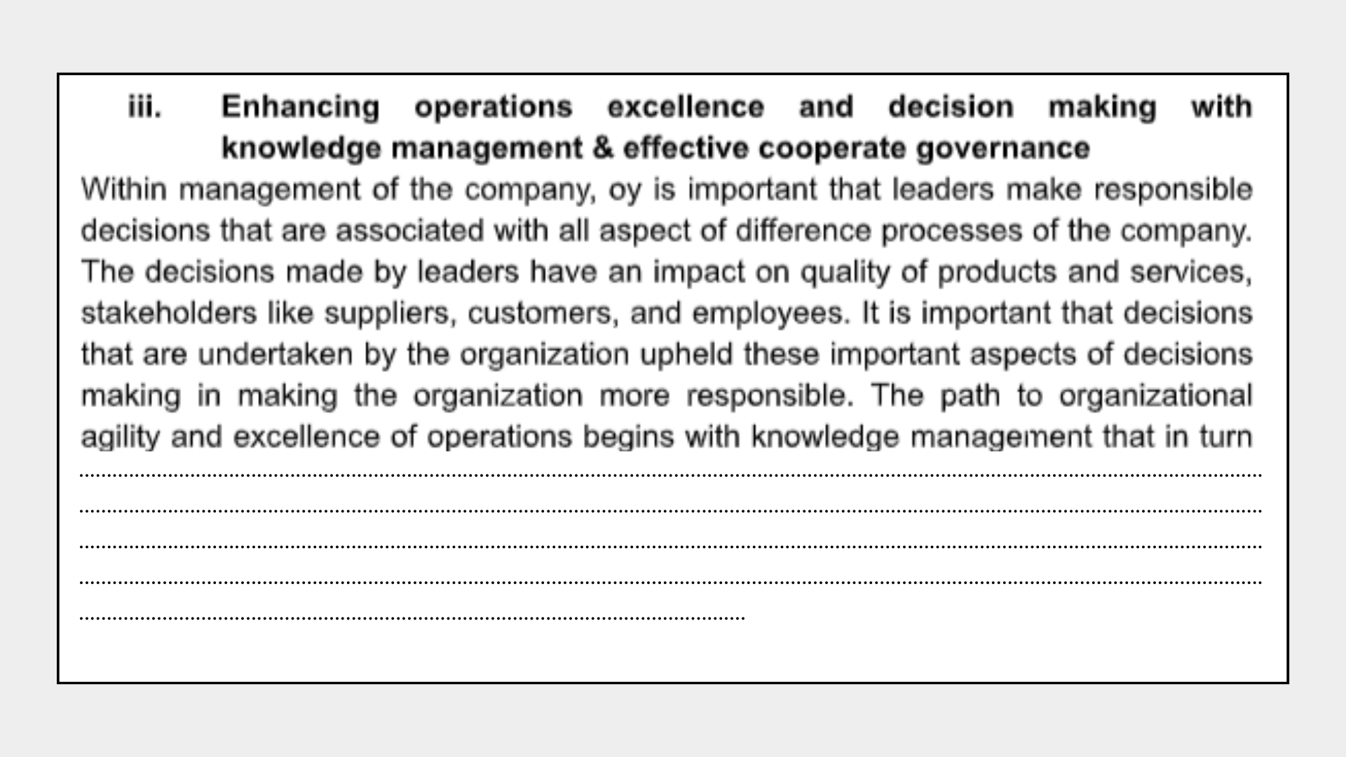 Enhancing Operations Excellence and Decisions Making with Knowledge Management and Effective Cooperate Governance