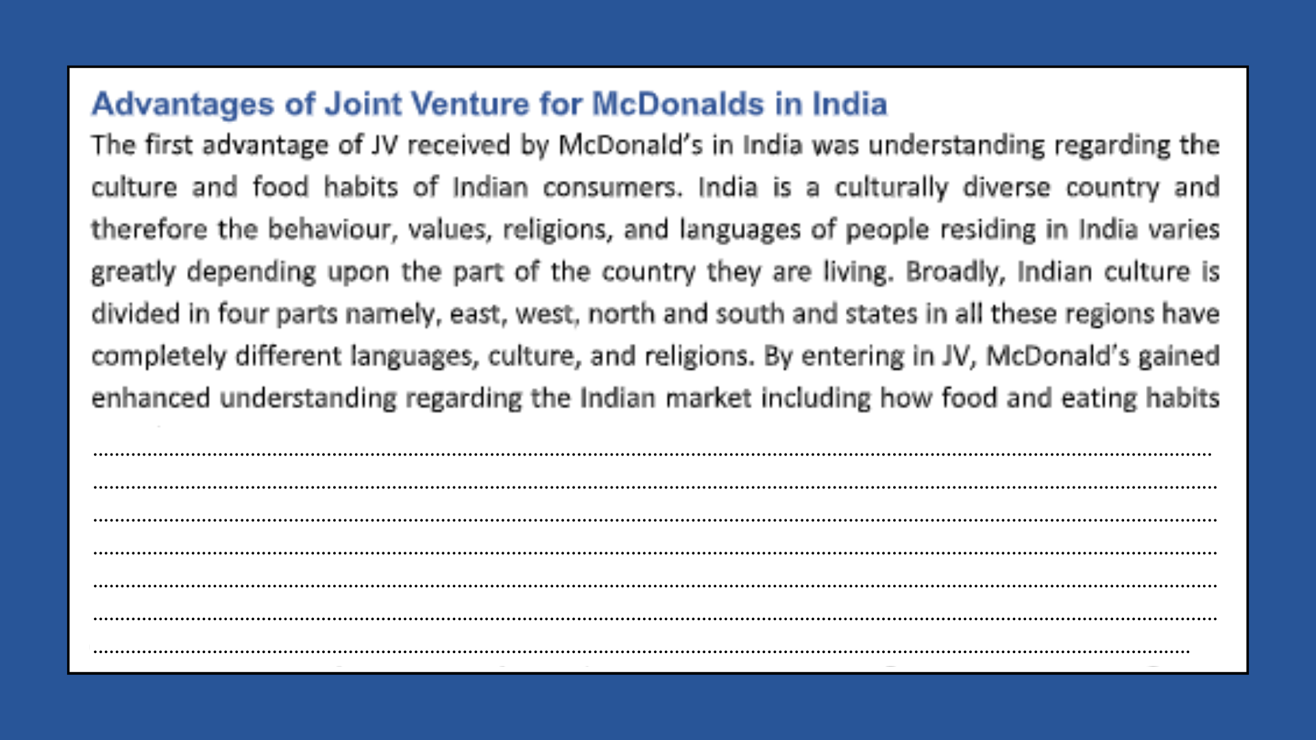 Advantages Of Joint Venture For McDonald's In India