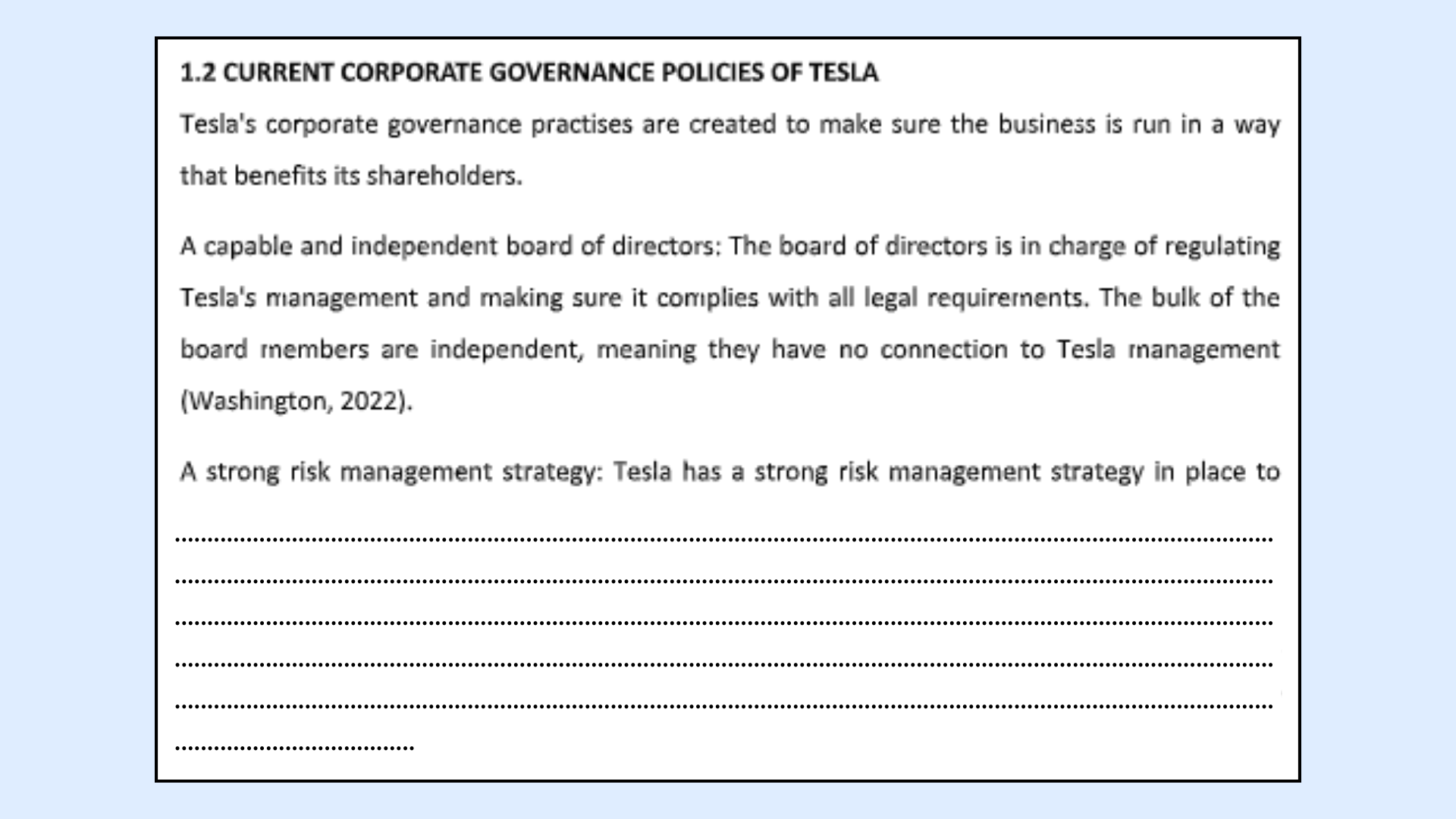 Current corporate governance policies of Tesla