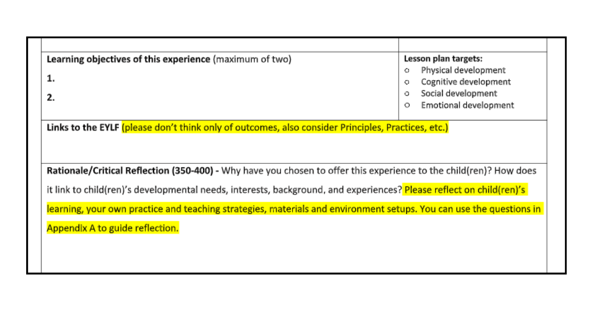 Assignment Criteria for a Lesson Plan and Critical Reflection