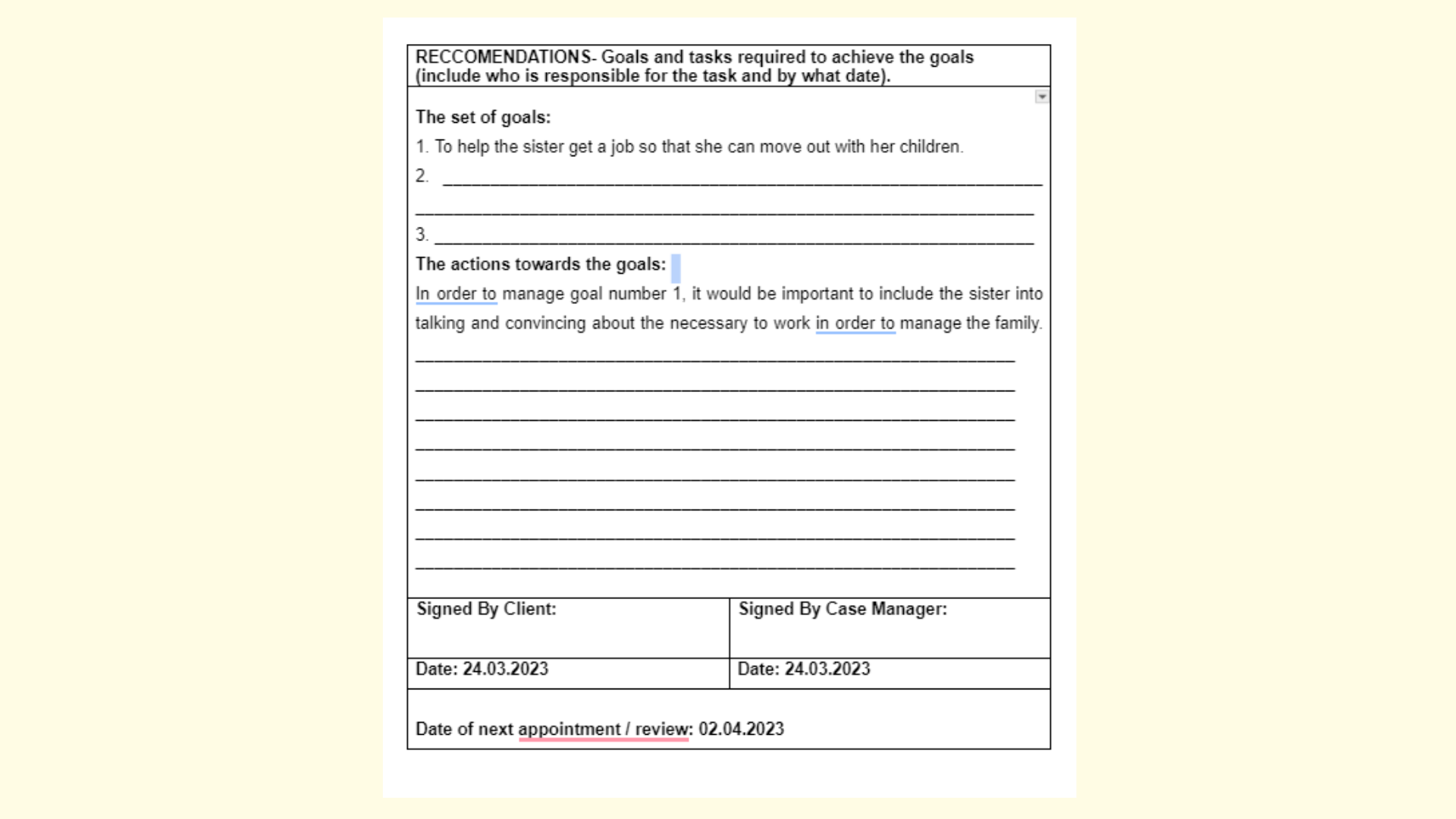 CAS203 Case Notes Table Recommendations