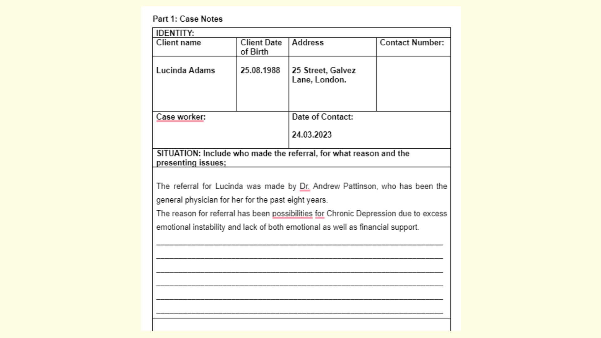 CAS203 Case Notes Table Situation