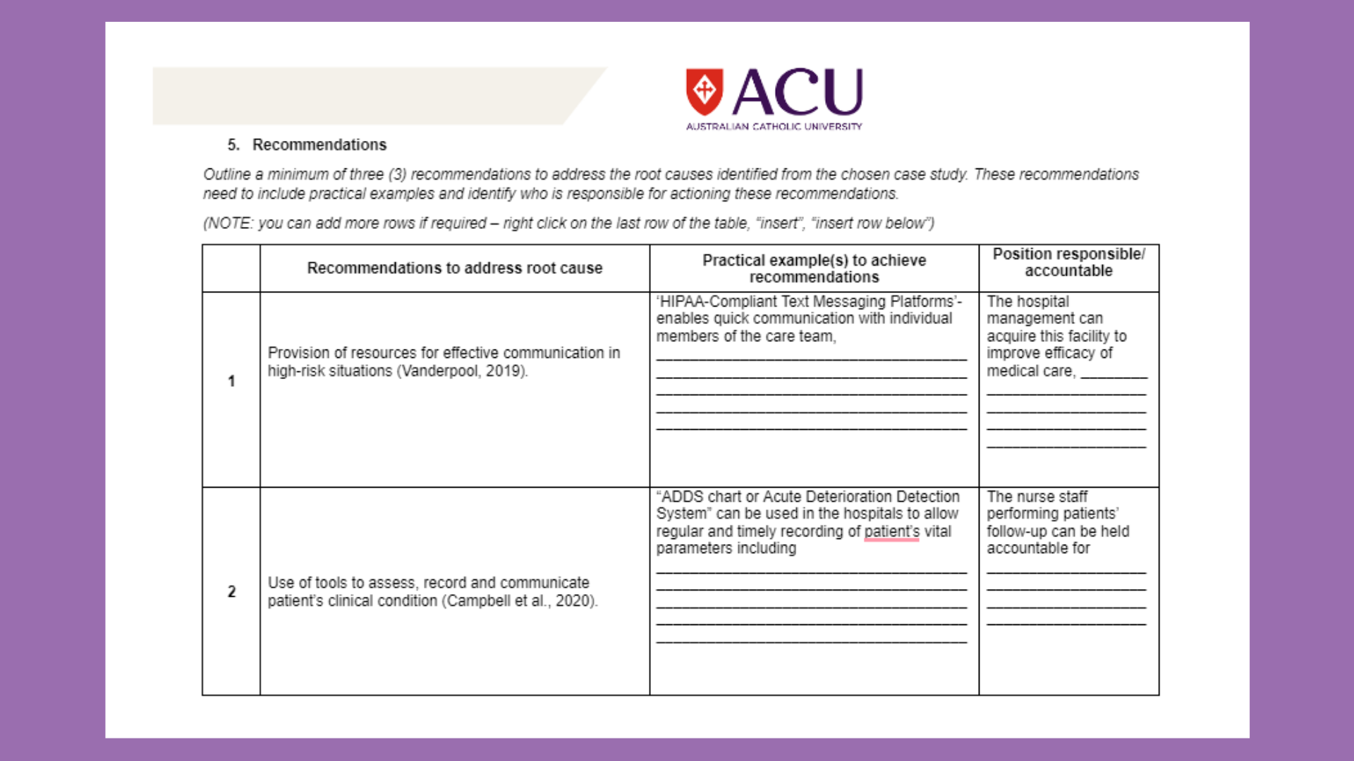 NRSG378 Recommendations Table