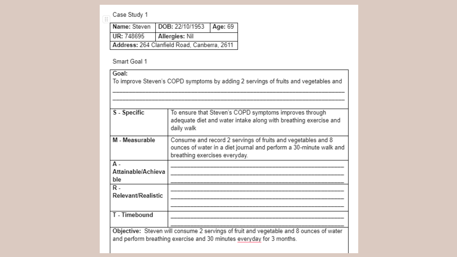 10199 Case Study 1 Smart Goal 1 Table