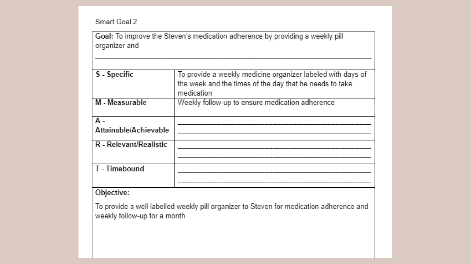 10199 Case Study 1 Smart Goal 2 Table