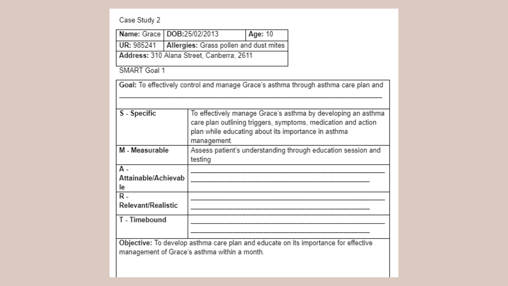 10199 Case Study 2 Smart Goal 1 Table