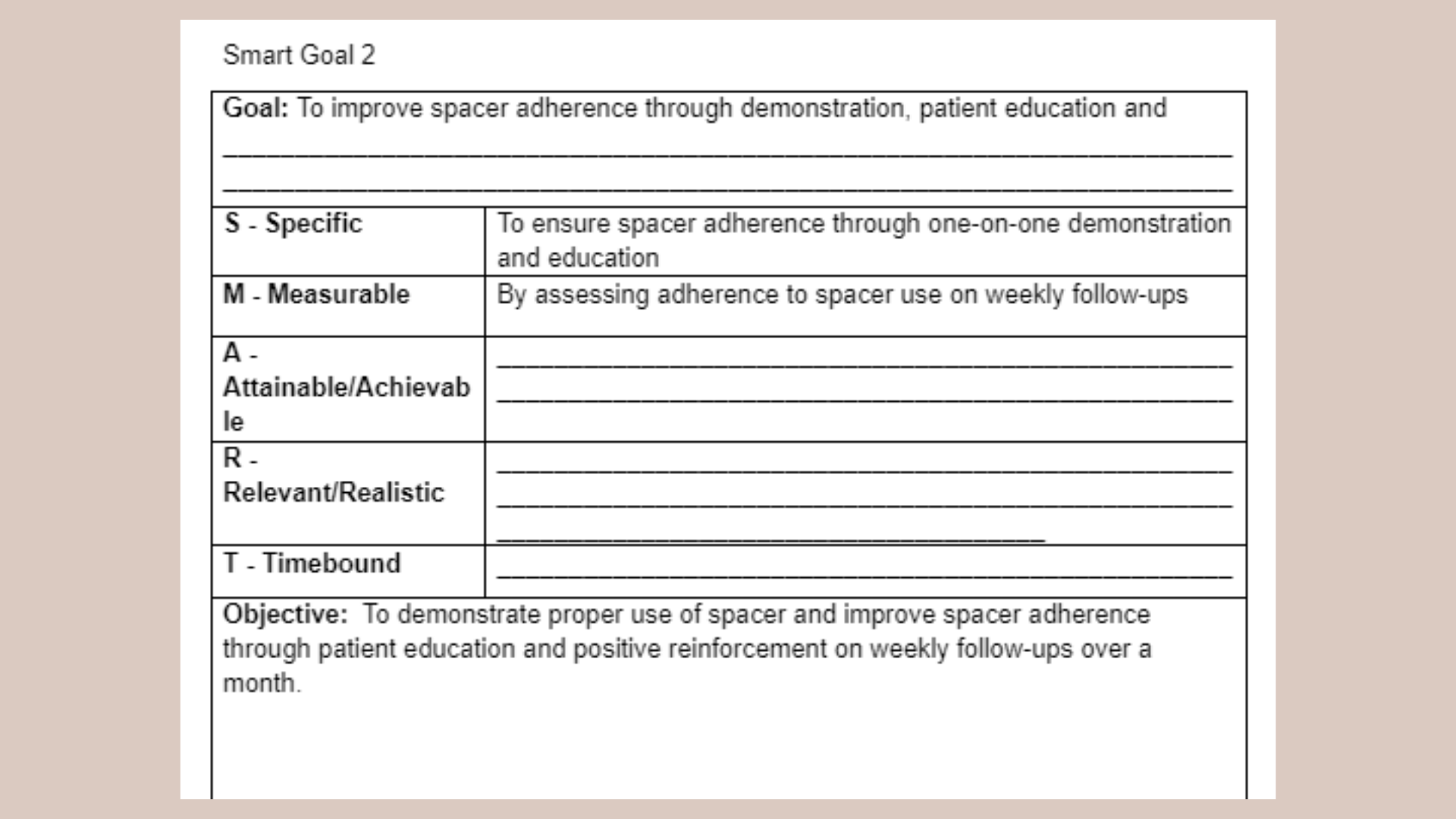 10199 Case Study 2 Smart Goal 2 Table