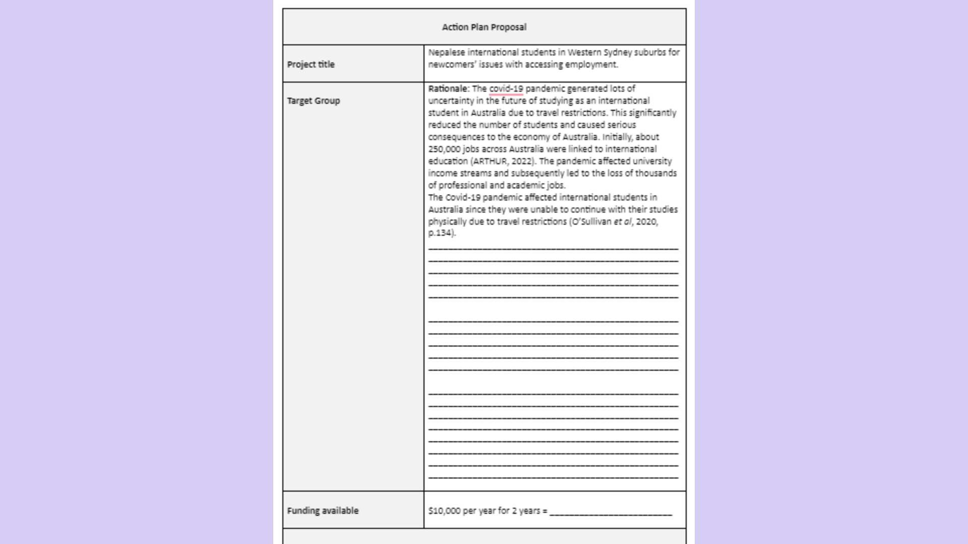 CAS101 Action Plan Proposal Table Part 1