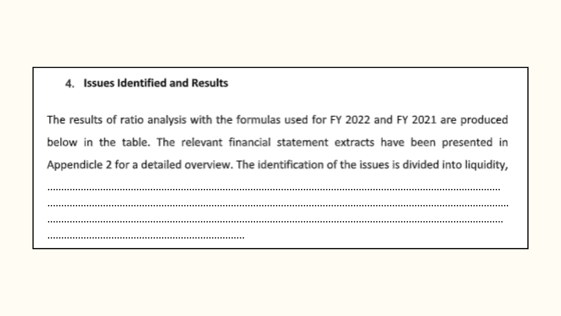 Issues and results of the assignment.