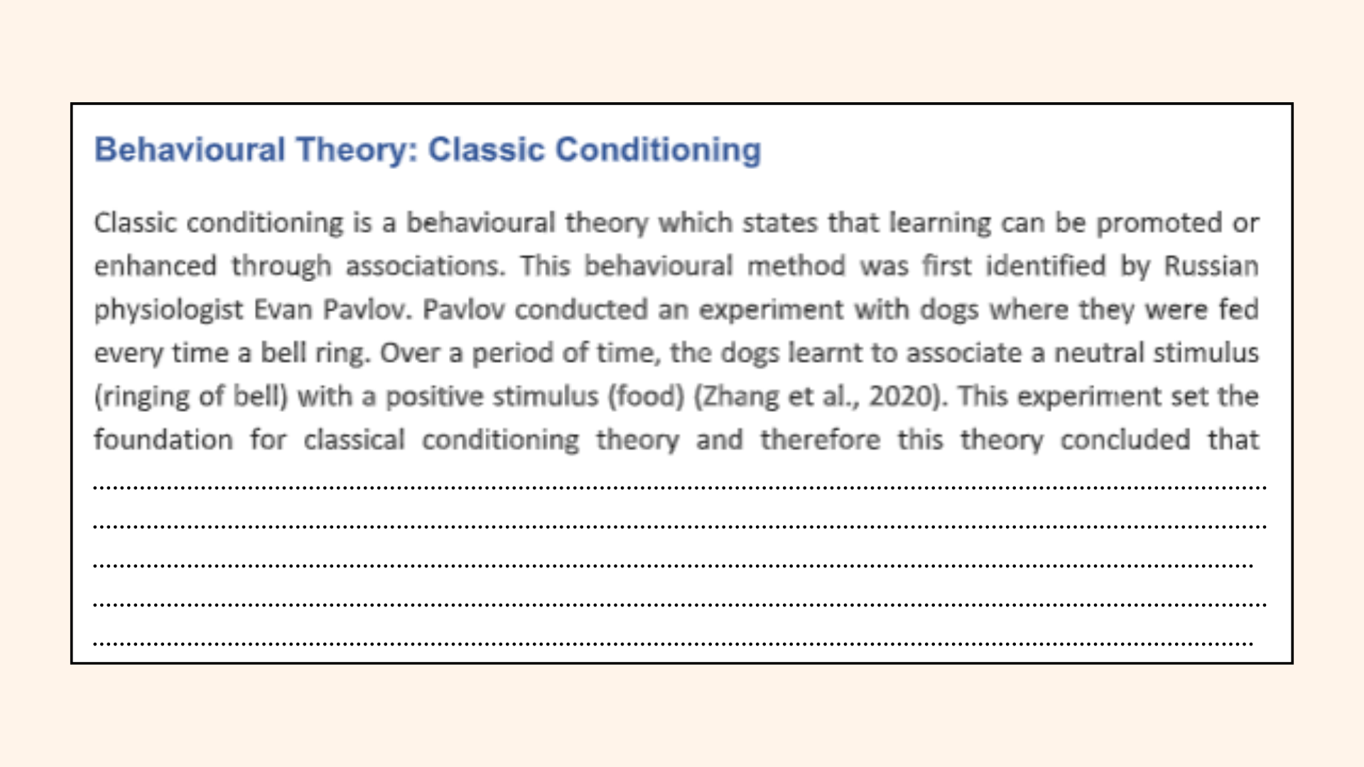 Behavioural theory: Classic conditioning section of the social work essay assignment help.