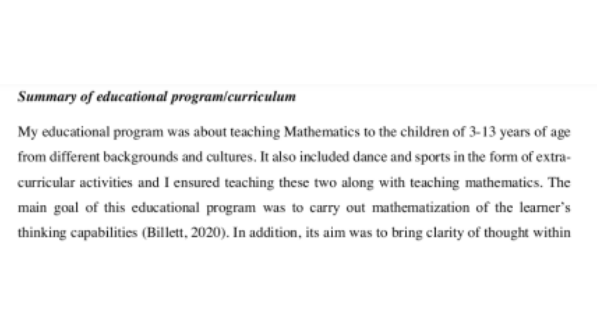 EEC3003 Summary of Educational Program