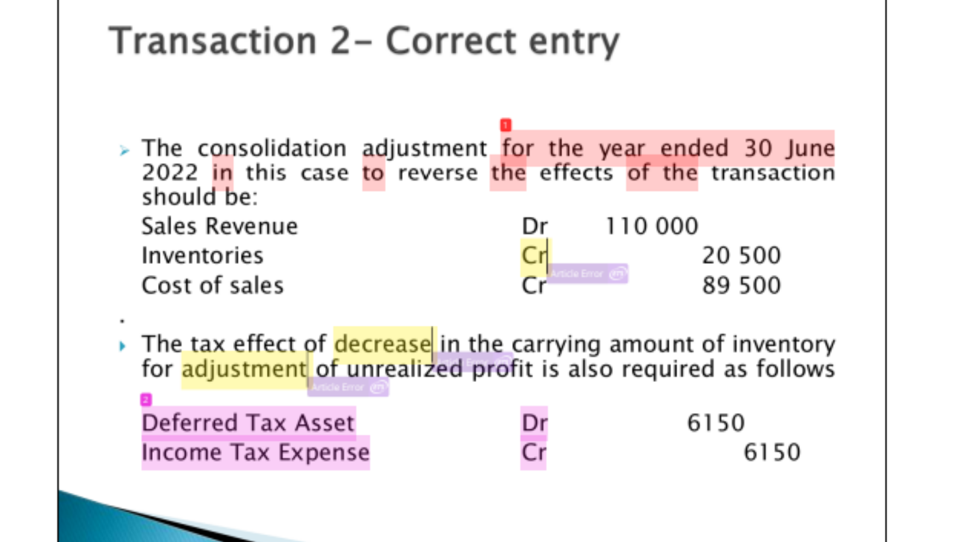 ACCT6005 Transaction 2 Correct entry