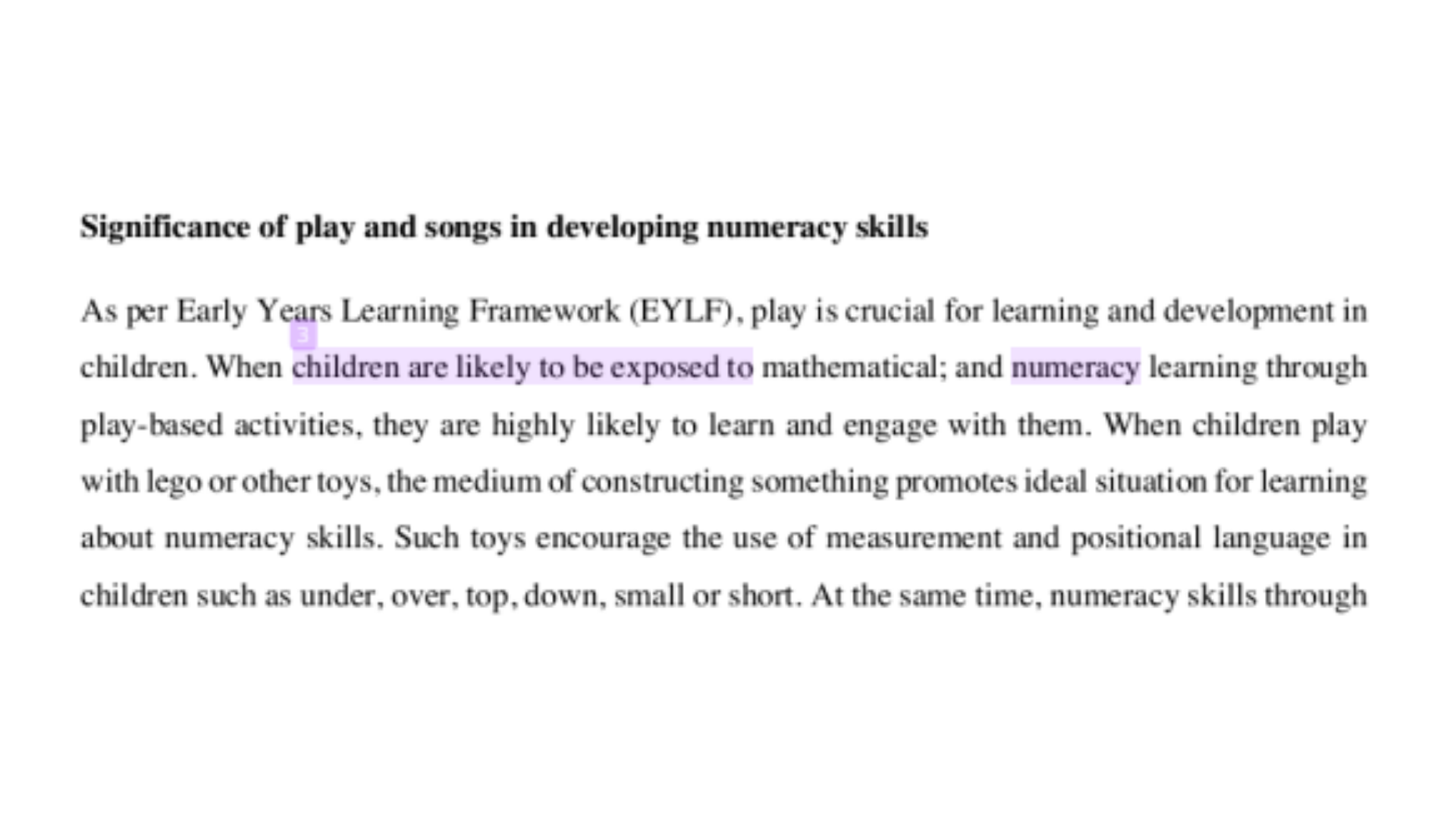 EDEC113 Significance of play and songs in developing numeracy skills