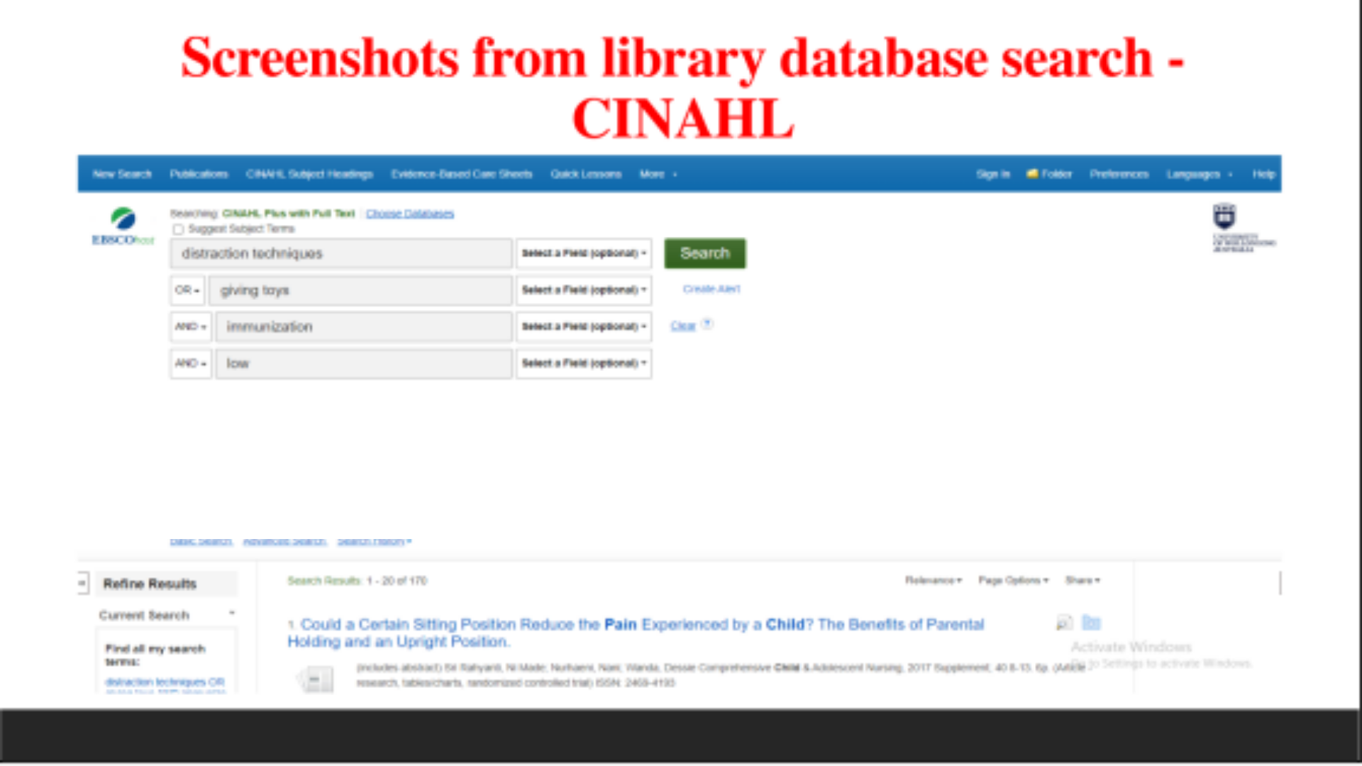 SNPG917 Screenshots from library database search- CINAHL